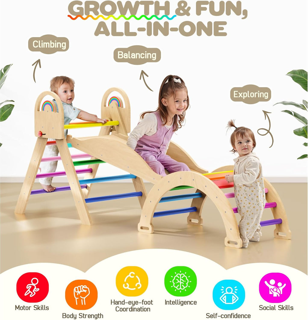 Pikler Triangle Set 9-in-1 – Montessori Wooden Climbing Toys for Toddlers 1.8–7Y, Indoor Jungle Gym for Screen-Free Play, Parent-Child Bonding & Energy Burning