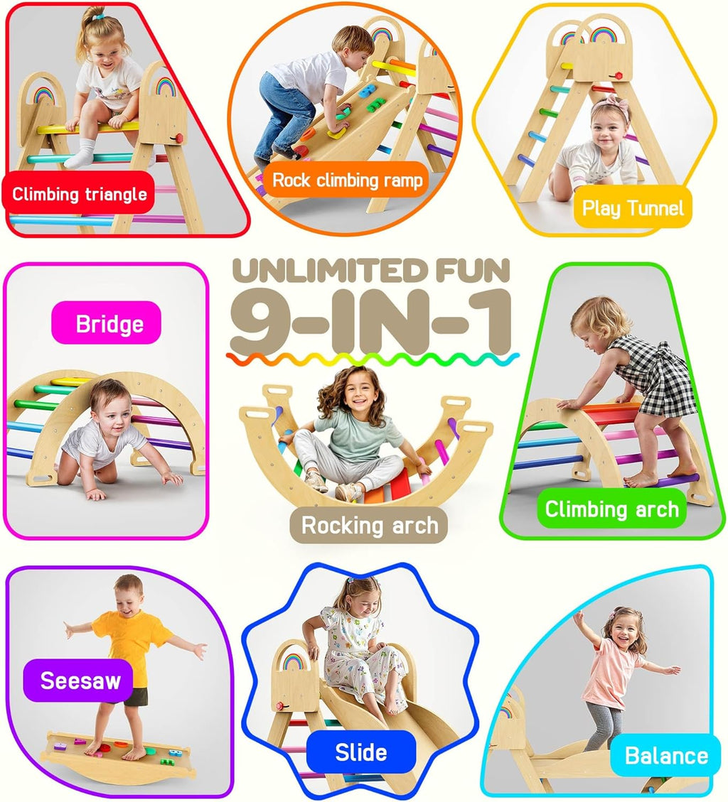Pikler Triangle Set 9-in-1 – Montessori Wooden Climbing Toys for Toddlers 1.8–7Y, Indoor Jungle Gym for Screen-Free Play, Parent-Child Bonding & Energy Burning