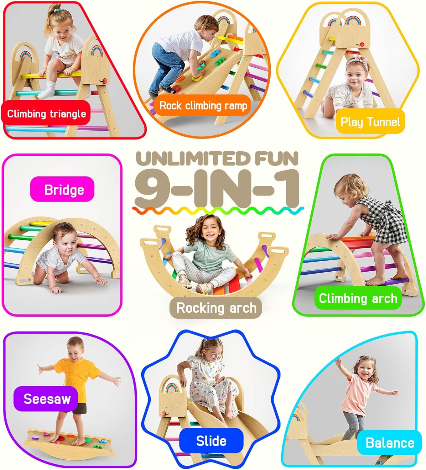 Pikler Triangle Set 9-in-1 – Montessori Wooden Climbing Toys for Toddlers 1.8–7Y, Indoor Jungle Gym for Screen-Free Play, Parent-Child Bonding & Energy Burning