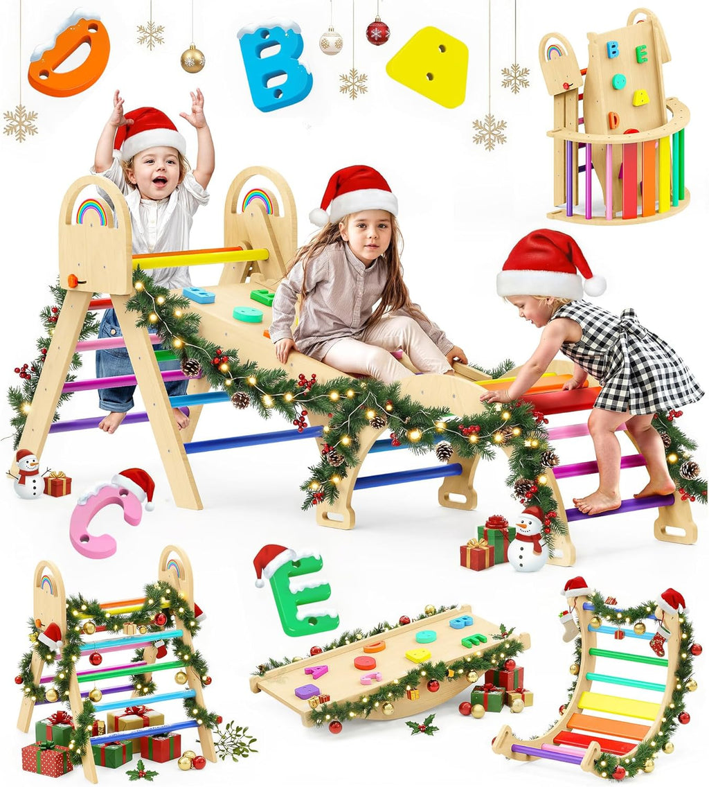 Pikler Triangle Set 9-in-1 – Montessori Wooden Climbing Toys for Toddlers 1.8–7Y, Indoor Jungle Gym for Screen-Free Play, Parent-Child Bonding & Energy Burning